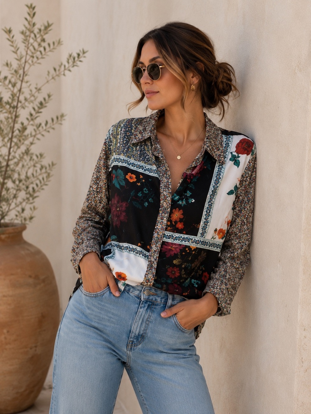 John Mark Black Velvet Embroidered Floral Back Patchwork Button Down Boho Shirt